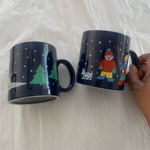 Colorful Winter Scene Mugs. Blue Snowy Scene. SARAS. EUC.